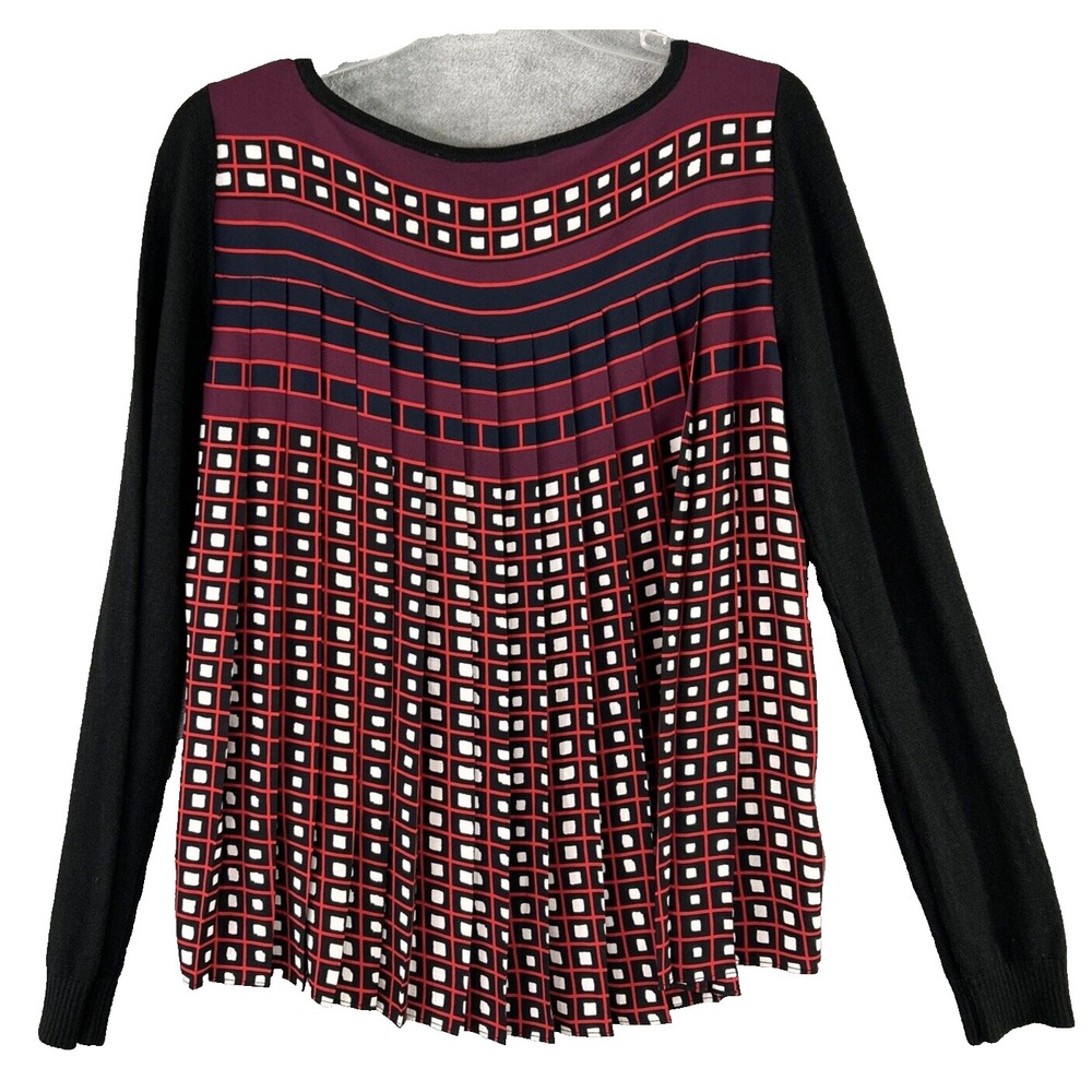 LOFT XS Black Mixed Media Sweater Pleated Geometric Back Long Sleeve Workwear